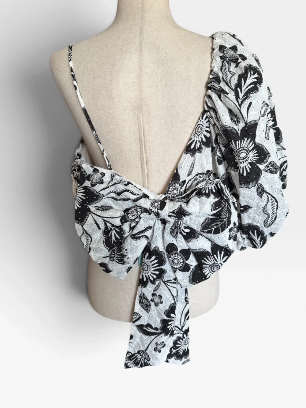 Anthropologie Black and White One-Shoulder Floral Bow Back Top